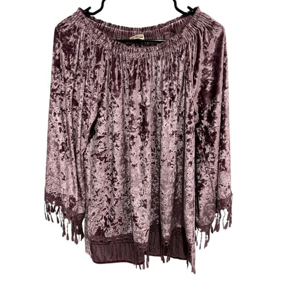Indigo Thread Co. Velvet Fringe Boho Top Large Off-Shoulder Shimmer Night Out - Picture 1 of 11